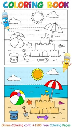 the coloring book for children with beach scenes and sandcastles on the beach,