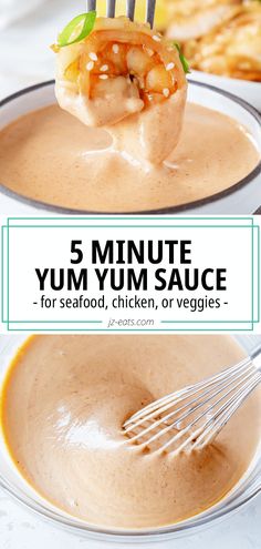 a fork with some food on it and the words 5 minute yum sauce for seafood, chicken, or veggies