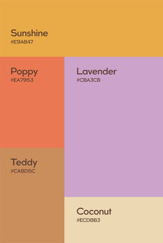 an orange, yellow and purple color scheme with the names of different types of food