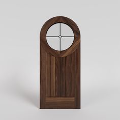 a wooden door with a round window on the top and bottom part, in front of a white background