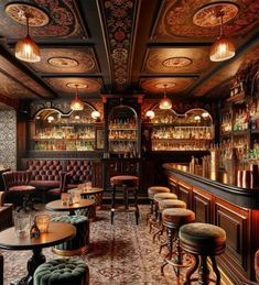 a fancy bar with many stools and tables