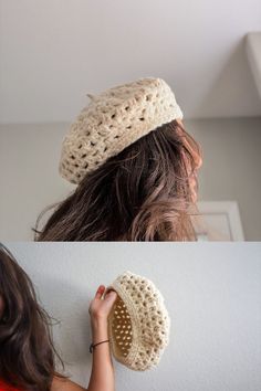 two pictures of a woman wearing a crochet hat