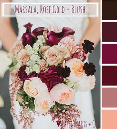 the color palette is marsala, rose gold and blush for this bride's bouquet