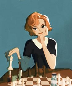 a woman sitting at a table with a chess board