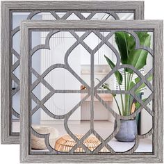 two mirrors with decorative designs on them and a potted plant in the middle one