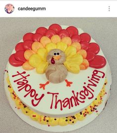 a birthday cake decorated with a turkey and balloons