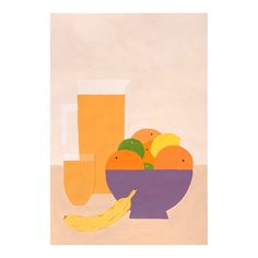 an image of a bowl of fruit and a cup with a banana on the table