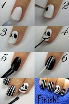 Going to do this in the next week or so.. Layered Nail Polish, Makijaż Sugar Skull, Holiday Nails Easy, Nightmare Before Christmas Nails, Halloweenský Makeup, Nail Art Halloween, Holiday Nail Designs, Halloween Nail, Halloween Nail Art