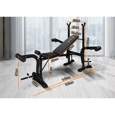 the weight bench is shown with measurements for each type of exercise equipment in this image