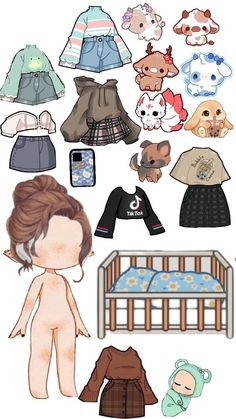 paper doll with various clothes and toys on it