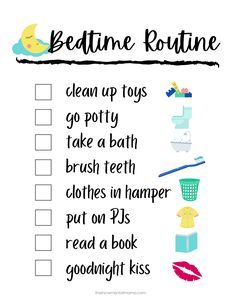 a printable bedtime routine checklist with the words, clean up toys, go potty, take a bath, brush, clothes in hamper, put on