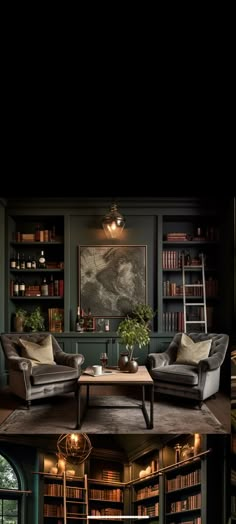 a living room filled with lots of furniture and bookshelves full of books on shelves