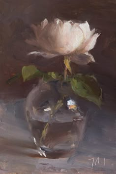 a painting of a white rose in a glass vase