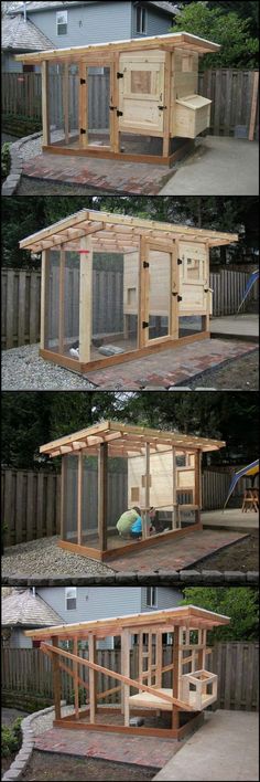 three pictures of different types of chicken coops in various stages of construction and installation