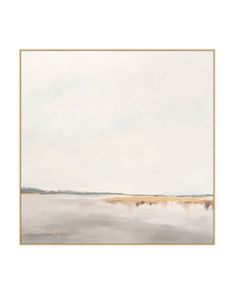 an abstract painting with white and gold colors on the water, in front of a gray sky