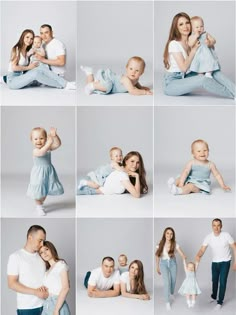 a collage of photos showing the same family posing for their own photo shoot with each other