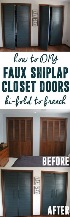 the before and after shots of an old closet door makeover with faux shutters