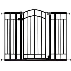 a black gate that is open and has two bars on each side, with the door closed