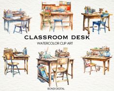 watercolor clip art classroom desks and chairs