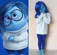 an image of a woman with blue hair and glasses in the same photo as a cartoon character