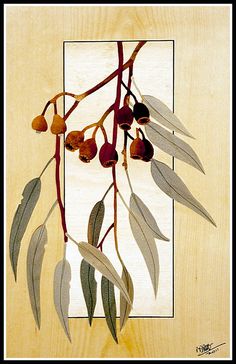 an image of a branch with berries and leaves hanging from it's stems on a wood panel