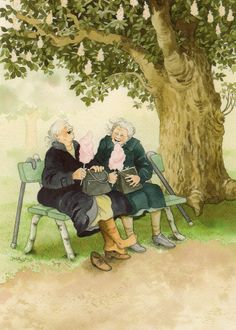 an old couple sitting on a bench under a tree with their baby in the lap