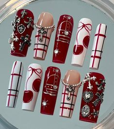 Red Nails Design Ideas, Red And White Nail Art, Cosmo Nails, Alex Star, Rocker Nails, Chanel Nail Art, Black Cherry Nails, Punk Room, Gel X Nails