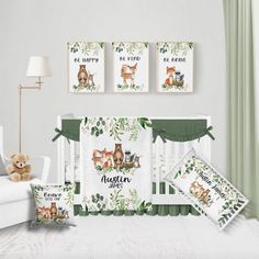 a baby crib bedding set with woodland animals