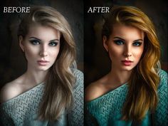 before and after images of a woman's face with long, blonde hair in two different ways