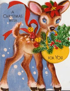 a christmas card with a deer holding a basket