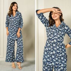 Introducing our Navy Blue Elegance Cotton Loungewear Co-Ord Set, designed to provide the ultimate blend of comfort and style. Crafted from pure, natural cotton, this loungewear set is perfect for those who value both elegance and comfort. The deep navy blue color adds a touch of sophistication, making it a beautiful addition to any nightwear collection. This co-ord set features a relaxed fit that ensures maximum comfort, whether you're lounging at home, sleeping, or enjoying a quiet evening. The Blue Printed Sleepwear For Lounging, Fitted Cotton Sets For Relaxation, Blue Relaxed Fit Sleepover Sets, Relaxed Fit Blue Sleepover Sets, Blue Relaxed Fit Sleep Sets, Blue Cotton Sets With Long Pants, Blue Printed Loungewear Sets, Blue Long Sleeve Sets For Relaxation, Blue V-neck Sleepwear Set