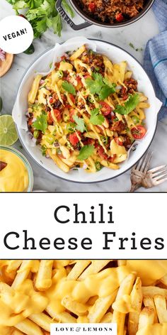 the cover of chili cheese fries is shown in front of other food items and garnished with cilantro