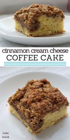 cinnamon cream cheese coffee cake on a white plate with the title above it and below