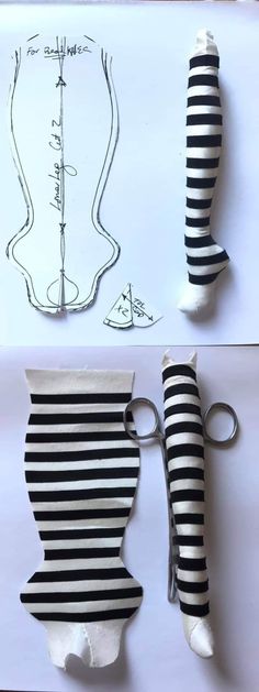 two pictures with black and white stripes on them, one has a pair of scissors in it