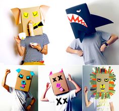 four different pictures of people with paper masks on their faces and hands, one wearing a shark mask while the other holding a coffee cup