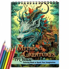 a coloring book with colored pencils next to it and an image of a dragon