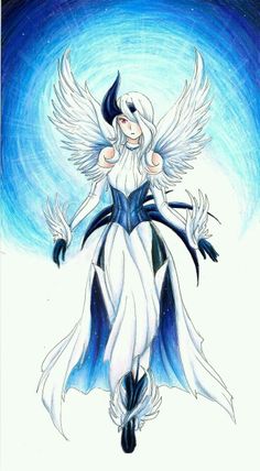 a drawing of an angel with white hair and blue wings, standing in the air