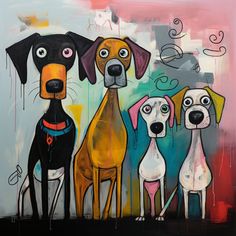 three dogs are standing next to each other in front of a colorful background with swirls