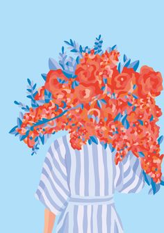 a painting of a woman with flowers in her hair wearing a striped shirt and blue jeans