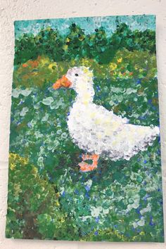 a painting of a white duck in a field of green and yellow flowers on a white wall