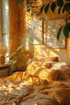 a bed with yellow sheets and pillows next to a potted plant in front of a window