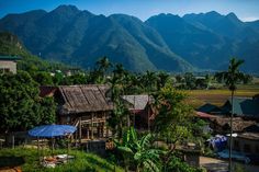 a village with mountains in the background and blue umbrellas on the grass near it