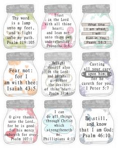 six mason jars filled with bible verses on the front and back of each jar