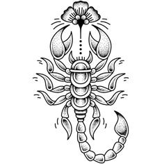 a black and white drawing of a scorpion with flowers on it's back legs