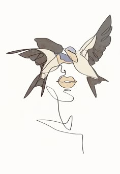 a drawing of a woman's face with birds flying around her