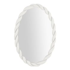 a white round mirror with twisted rope around the edges, on a white wall background