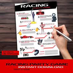 the racing party game is being displayed on a piece of paper with a pen in it