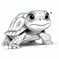 a black and white drawing of a turtle with big eyes on it's head