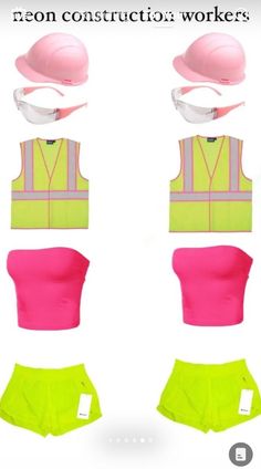 four different types of construction worker's clothes and helmets on display with text that reads, reon construct workers