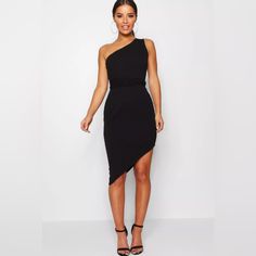 Boohoo Black Petite One Shoulder. Waist Belt, Asymmetric Midi Bodycon Dress, Size 2, Nwt Content + Care - 95% Polyester, 5% Elastane - Machine Wash Cold - Iron On Reverse Asymmetrical Hem Bodycon Dress For Night Out, Chic Black One Shoulder Dress With Asymmetrical Hem, Black Asymmetrical Bodycon Dress For Night Out, Chic Black Asymmetrical One Shoulder Dress, Black Midi Dress With Asymmetrical Hem For Night Out, Chic Asymmetrical Bodycon Dress For Date Night, Bodycon Dress For Date Night With Asymmetrical Hem, Chic Bodycon Dress With Asymmetrical Hem For Date Night, Date Night Bodycon Dress With Asymmetrical Hem